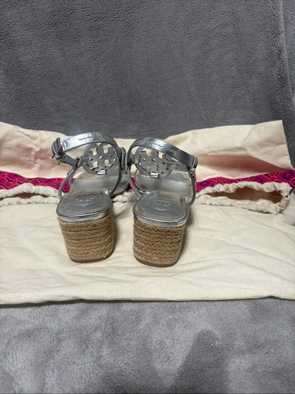 Tory Burch Metallic Silver T-Strap Logo Sandals